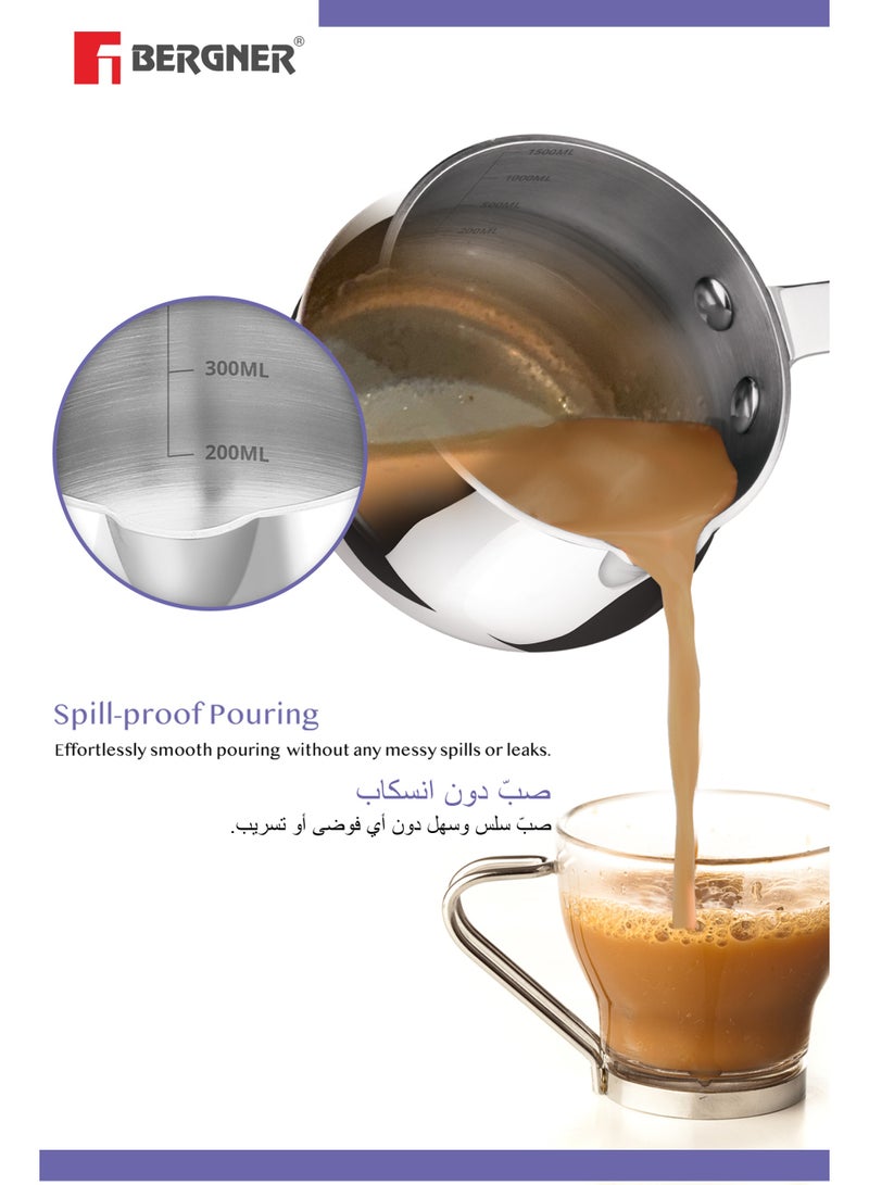 Bergner Essentials 12cm (900ml) Tri-Ply Stainless Steel Milk & Coffee Warmer with Handle, Small Pan for Heating Beverages, Melting Butter, Sauces, Easy to Pour, Induction & Gas Stove Compatible - Image 4